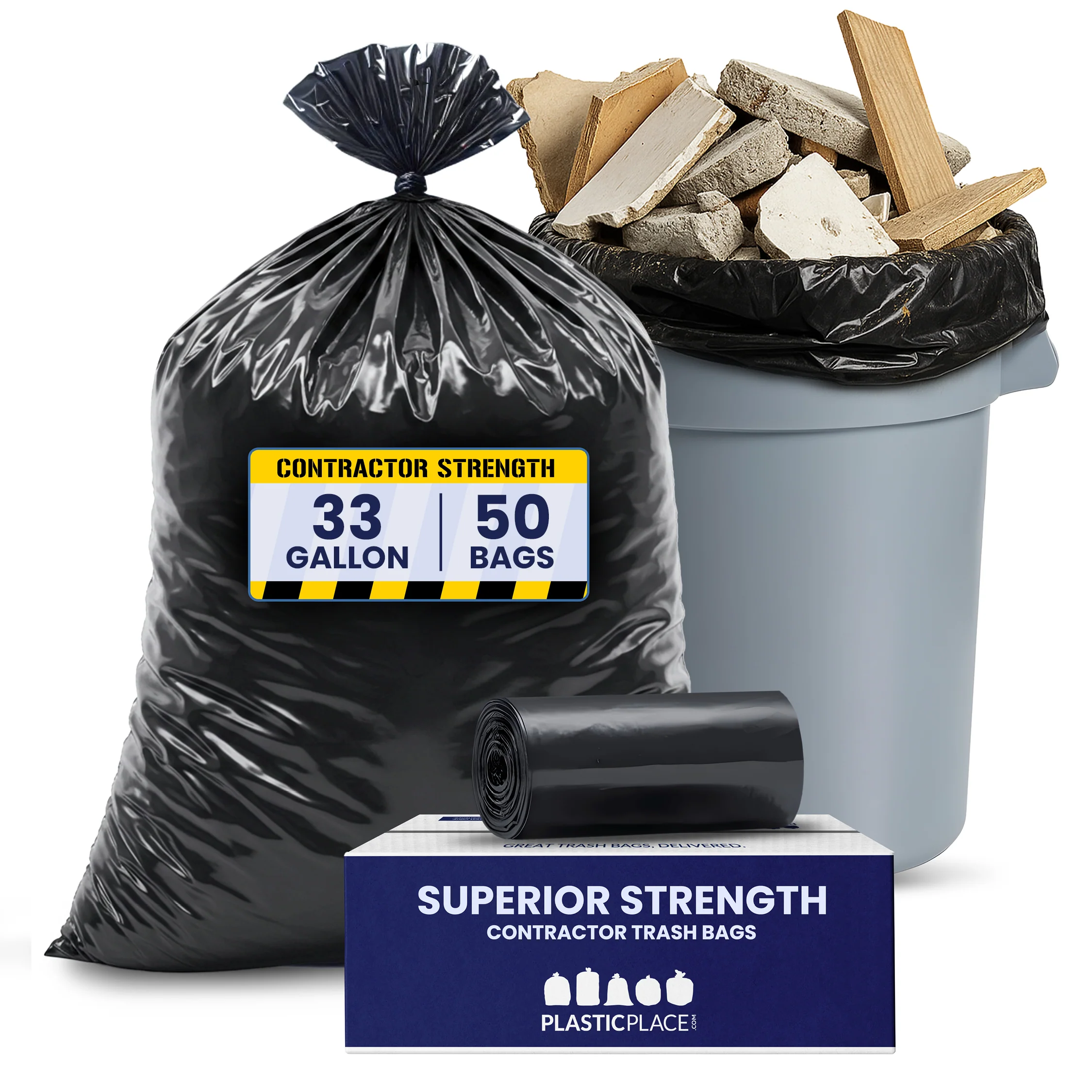 32-33 Gallon Contractor Trash Bags - Black, 50 Bags - 3 Mil