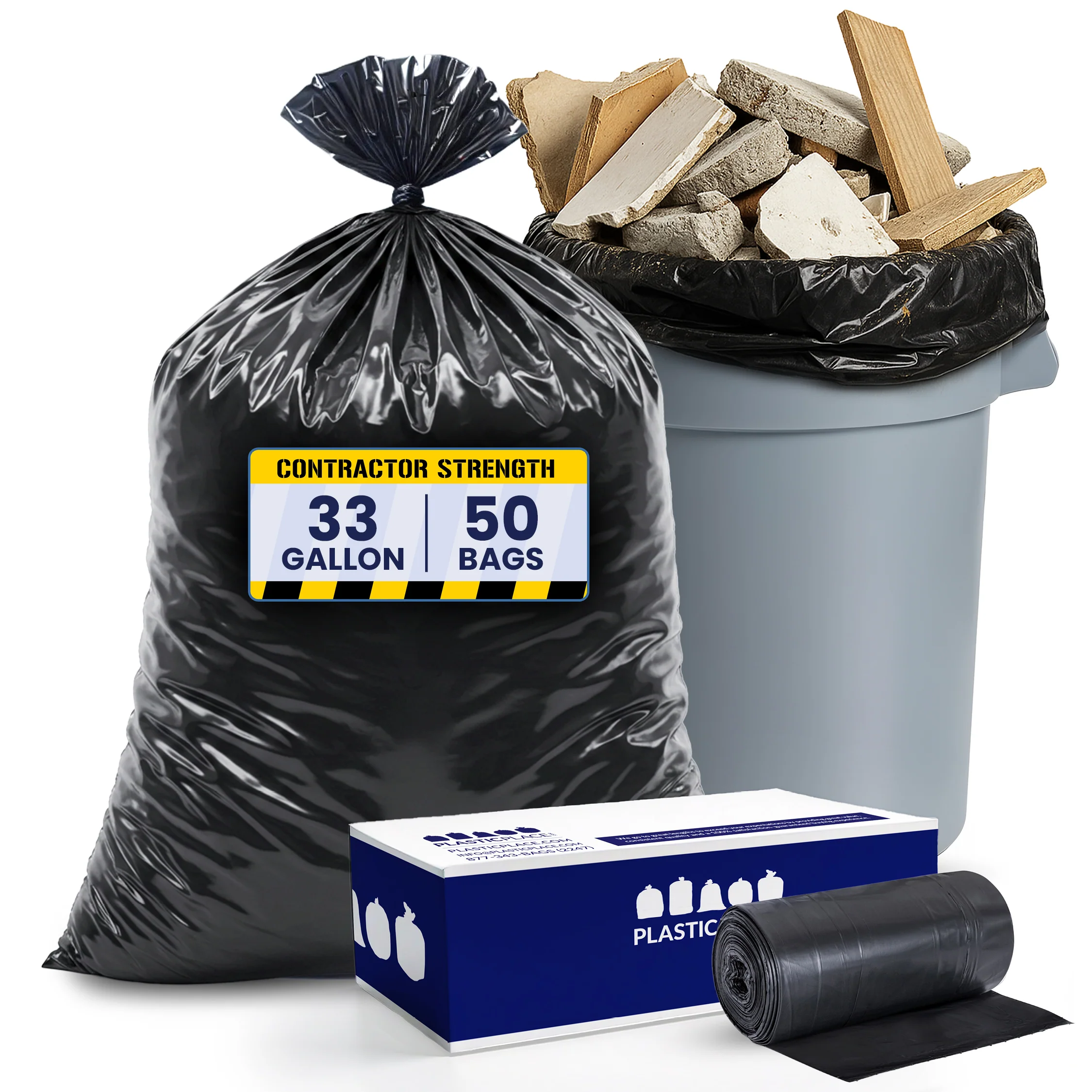 32-33 Gallon Contractor Trash Bags - Black, 50 Bags - 3 Mil - Image 2