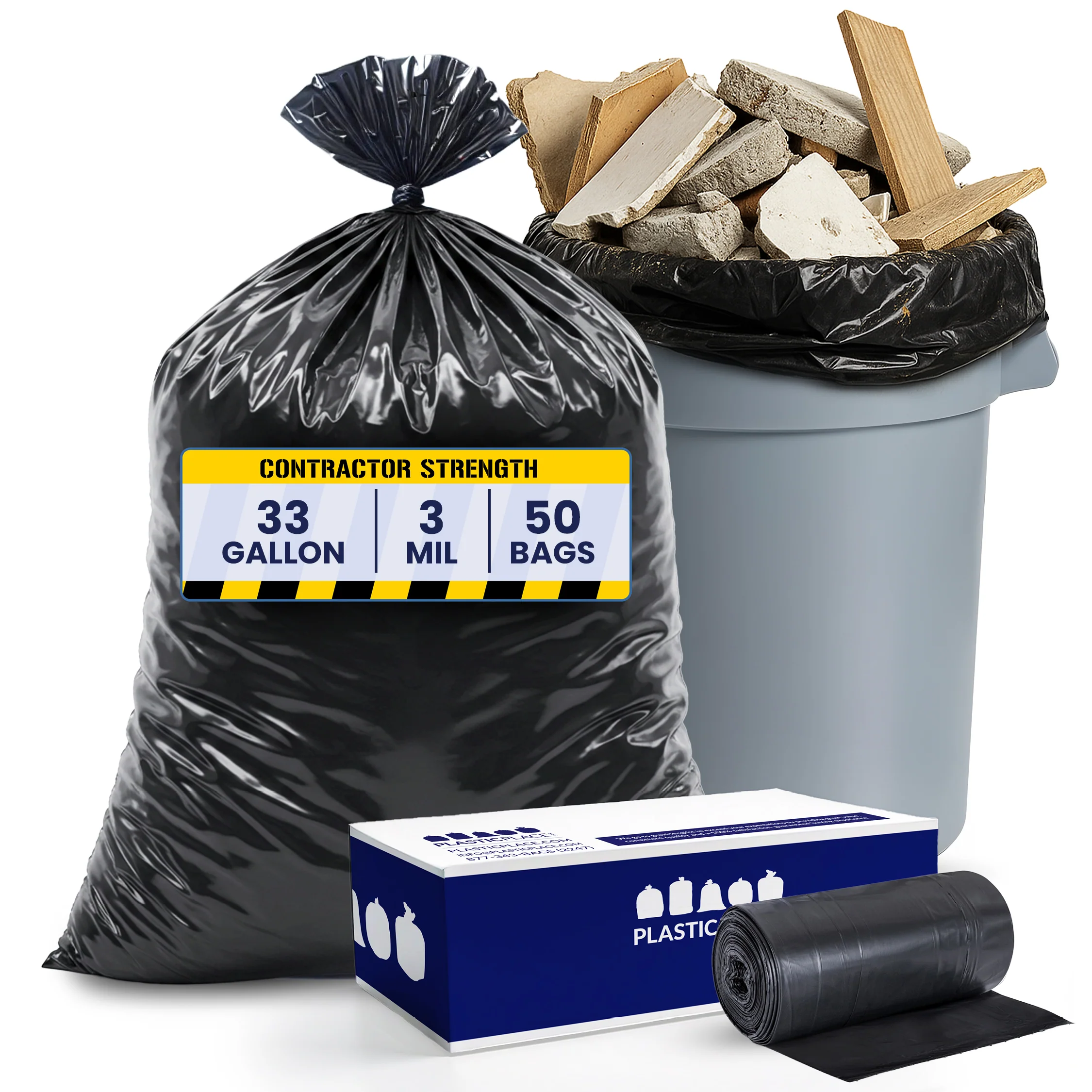 32-33 Gallon Contractor Trash Bags - Black, 50 Bags - 3 Mil - Image 3