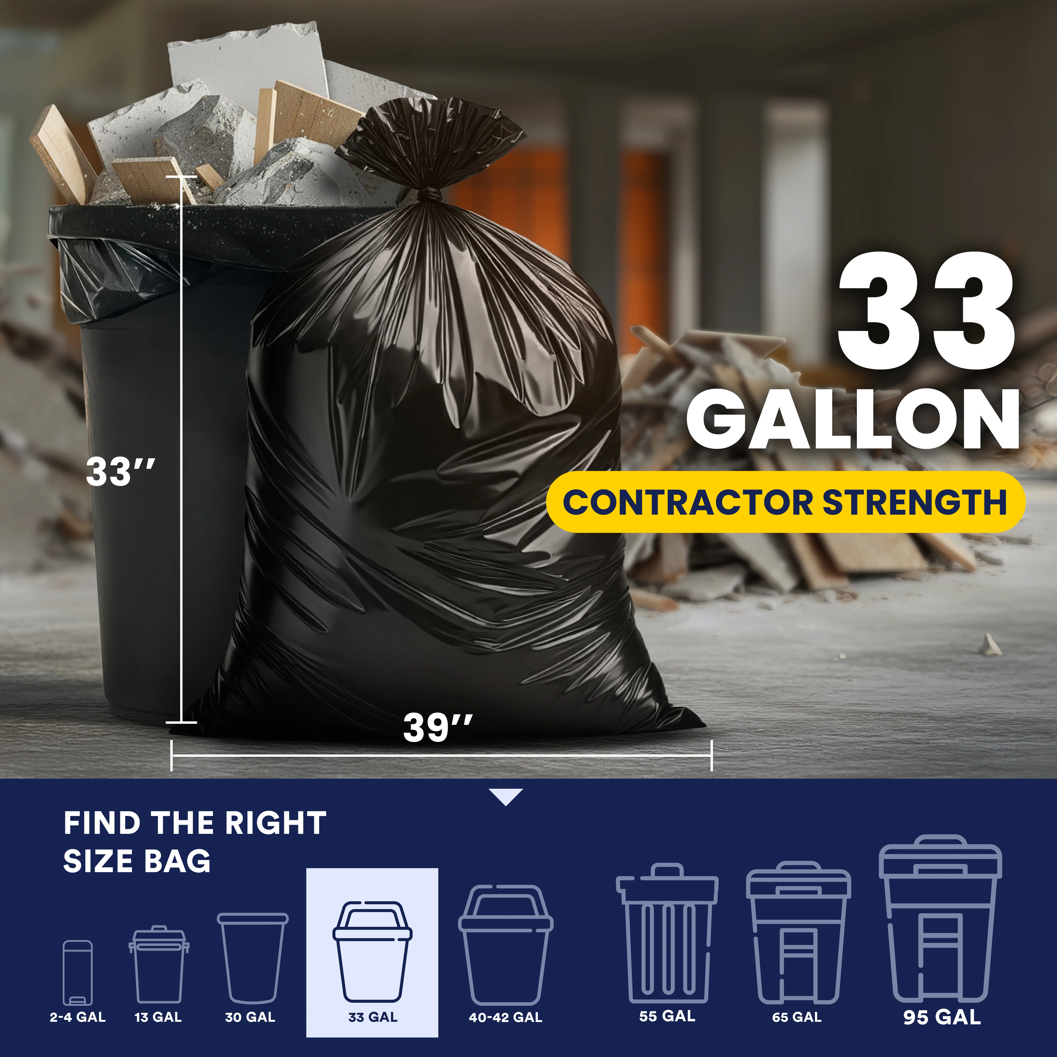 32-33 Gallon Contractor Trash Bags - Black, 50 Bags - 3 Mil - Image 4