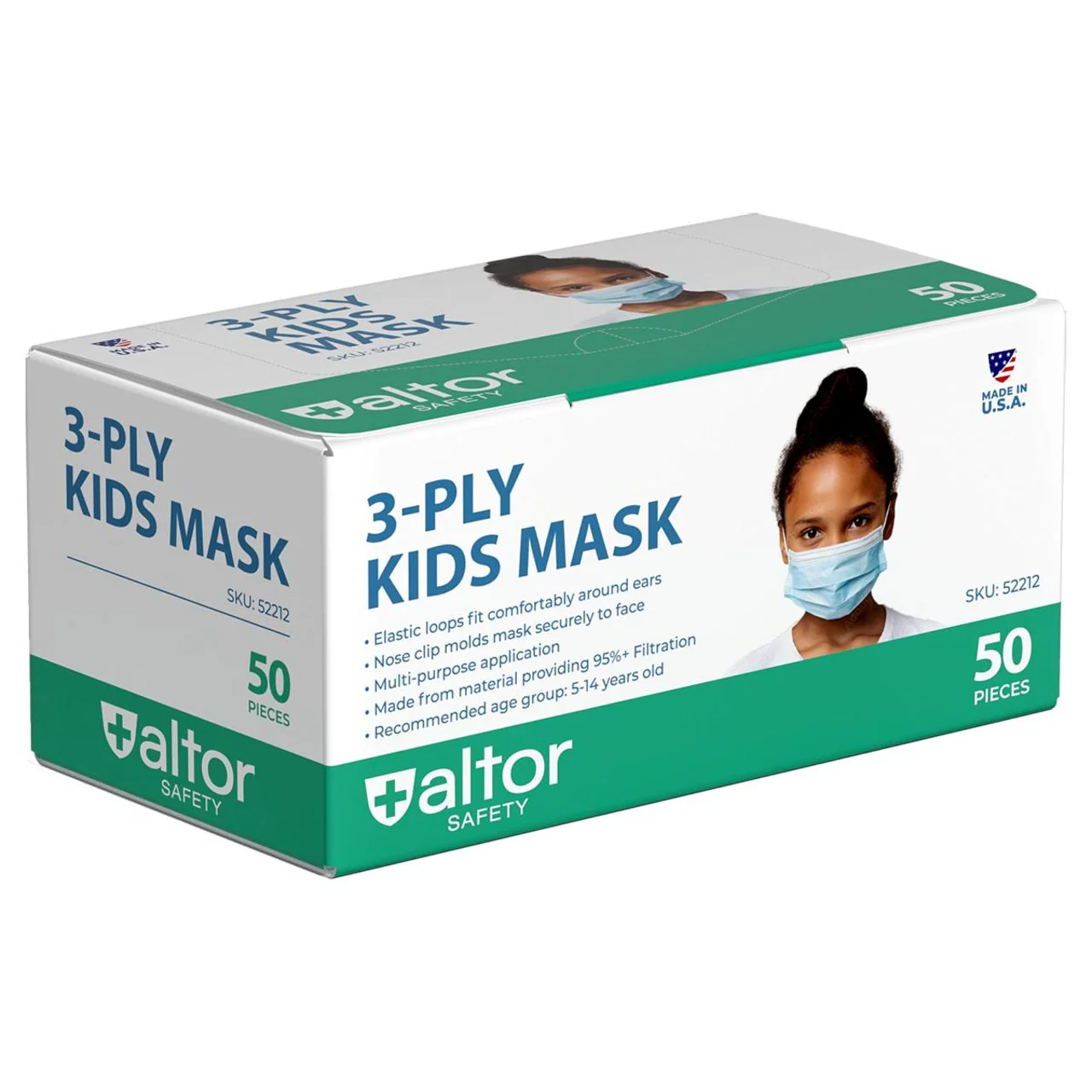 Altor Safety Kids Disposable Face Mask 52212, 3-Ply ASTM Level 2, USA Made, Blue - Case of 2000