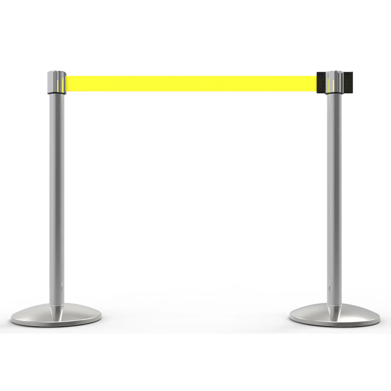 Banner Stakes 14' Retractable Belt Barrier System with Bases, Chrome Posts and Blank Yellow Belts - AL6204C