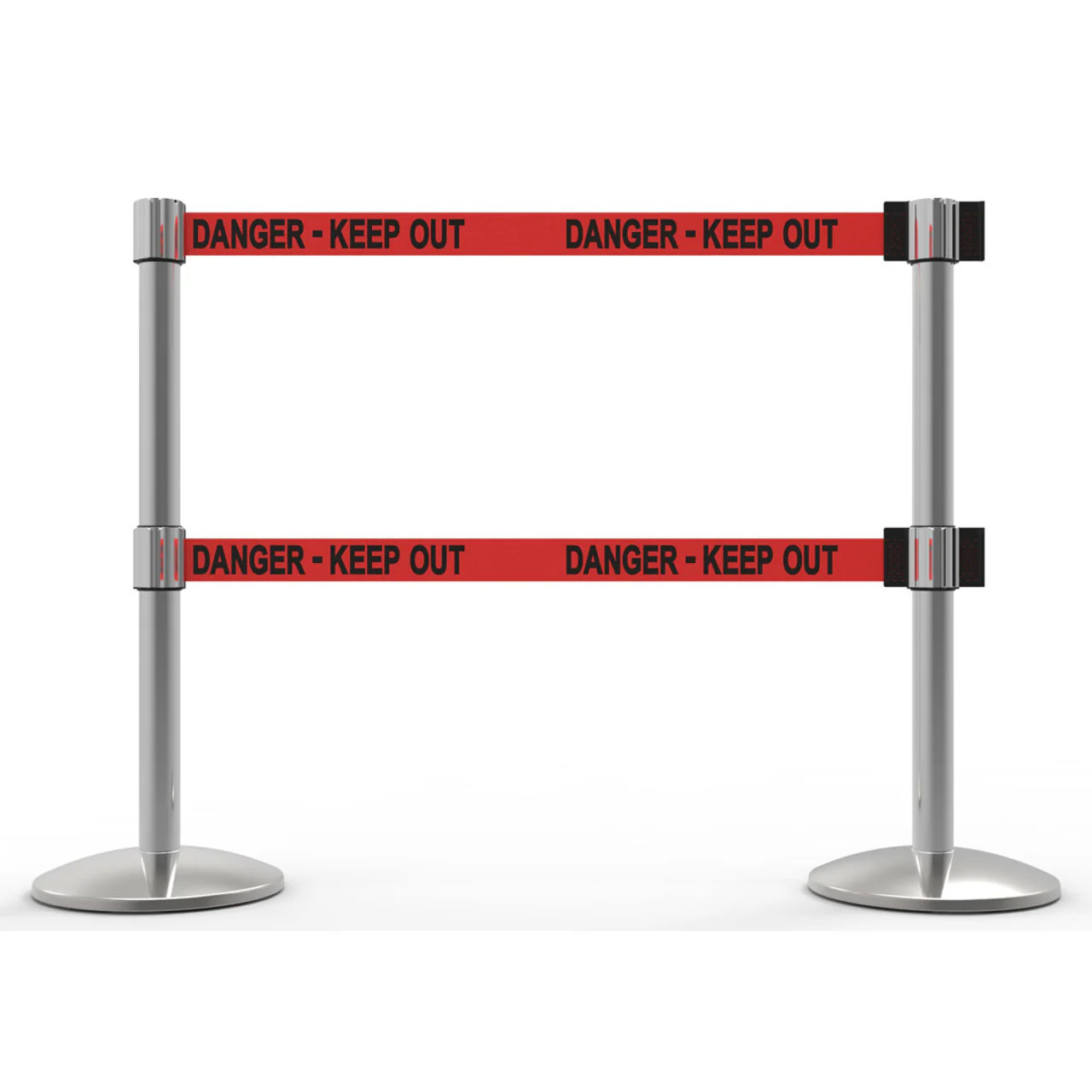 Banner Stakes 14' Dual Retractable Belt Barrier System with Bases, Chrome Posts and Red "Danger - Keep Out" Belts - AL6206C-D