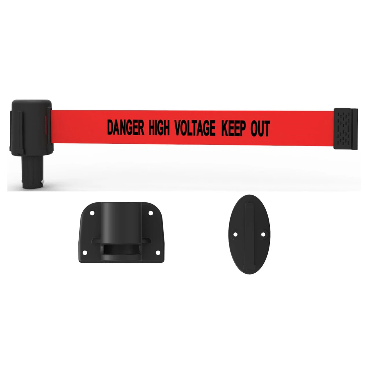 Banner Stakes 15' Wall-Mount Barrier System with Mounting Kit and Retractable Belt; Red "Danger High Voltage Keep Out" - PL4115