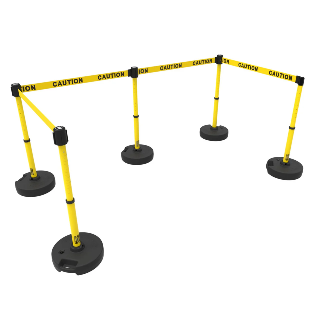 Banner Stakes 60' Barrier System with 5 Bases, Post, Stakes, and 4 Retractable Belts; Yellow Double-Sided "Caution" - PL4583