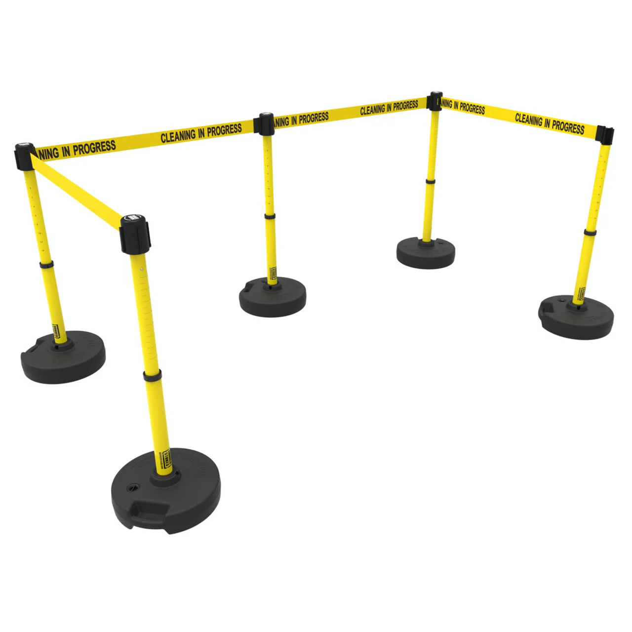 Banner Stakes 60' Barrier System with 5 Bases, Post, Stakes, and 4 Retractable Belts; Yellow "Cleaning in Progress" - PL4588