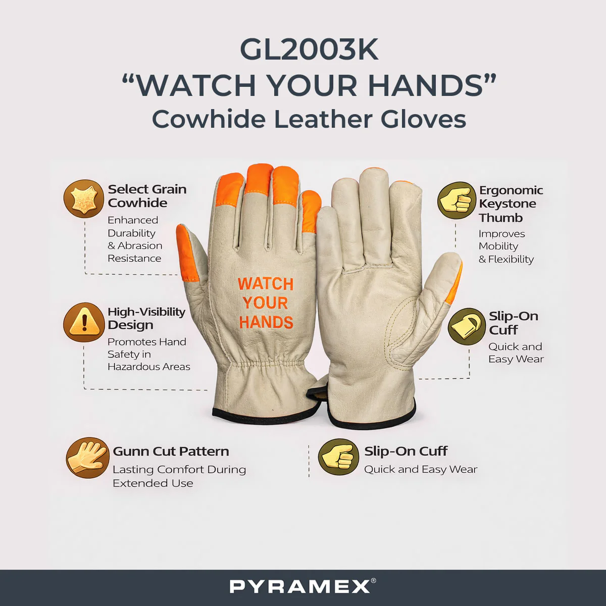 Pyramex GL2003K "Watch Your Hands" Cowhide Leather Driver Gloves, Natural - Image 2