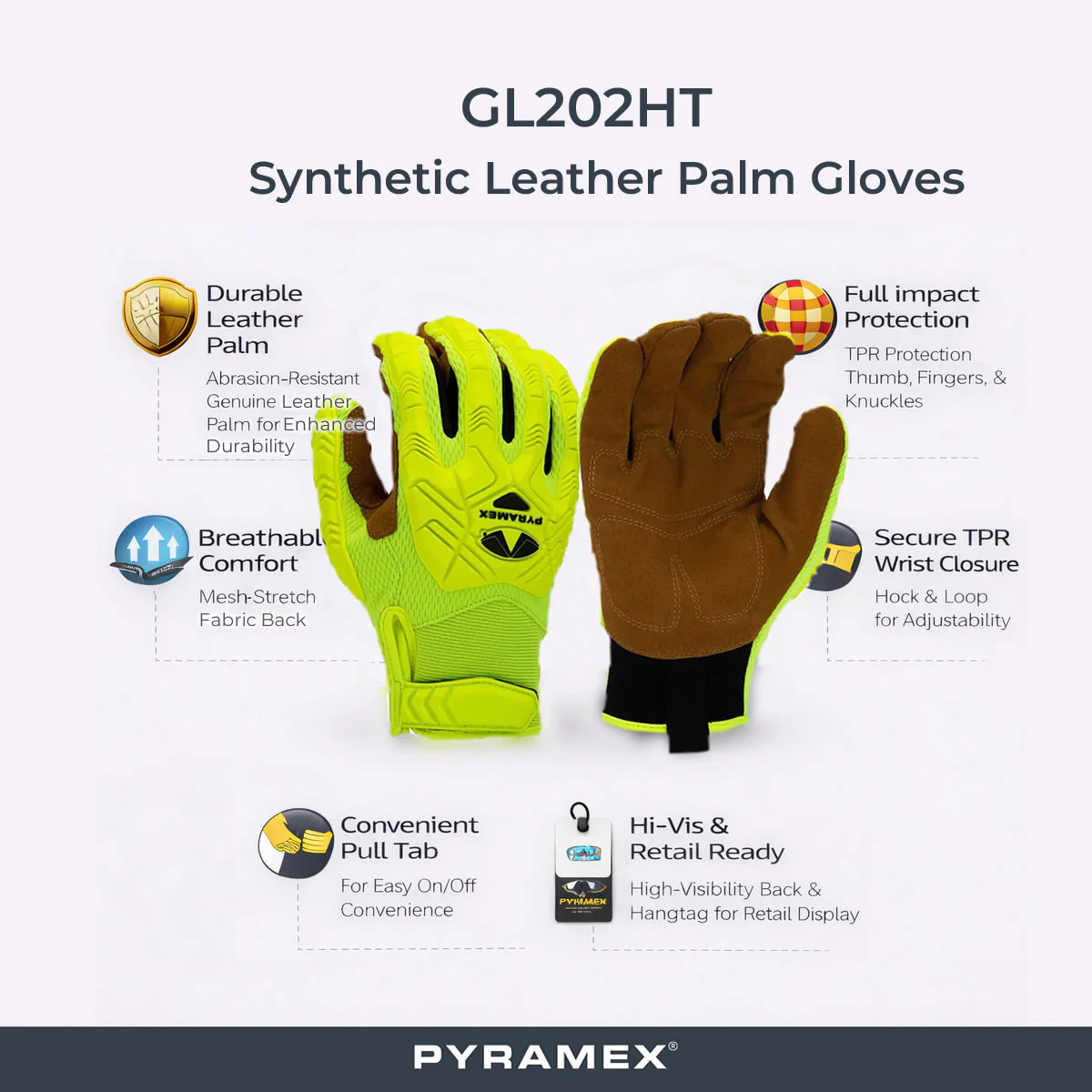 Pyramex GL202HT Synthetic Leather Palm Level 1 Impact Gloves, Hi-Vis Green - Image 2