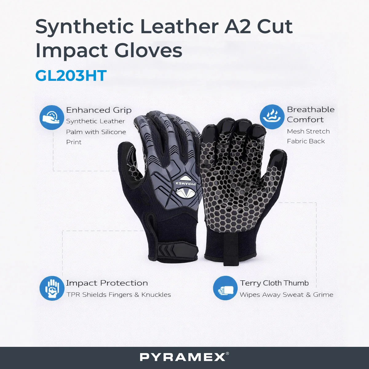 Pyramex GL203HT Synthetic Leather A2 Cut Impact Gloves, Black - Image 2