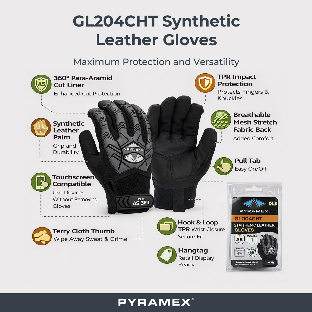 Pyramex GL204CHT Synthetic Leather A6 Cut Impact Gloves, Black - Image 2