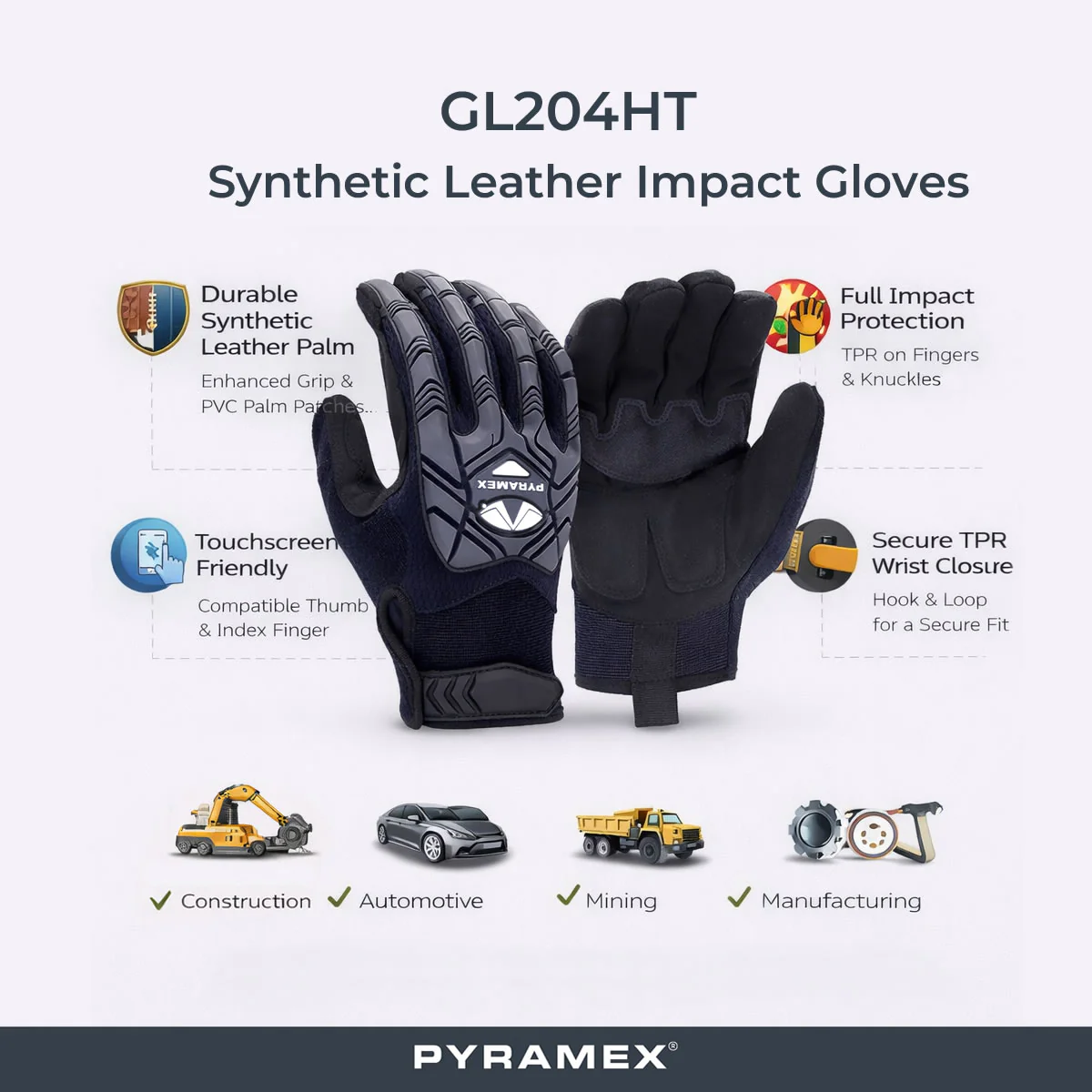 Pyramex GL204HT Synthetic Leather Impact Gloves, Black - Image 2