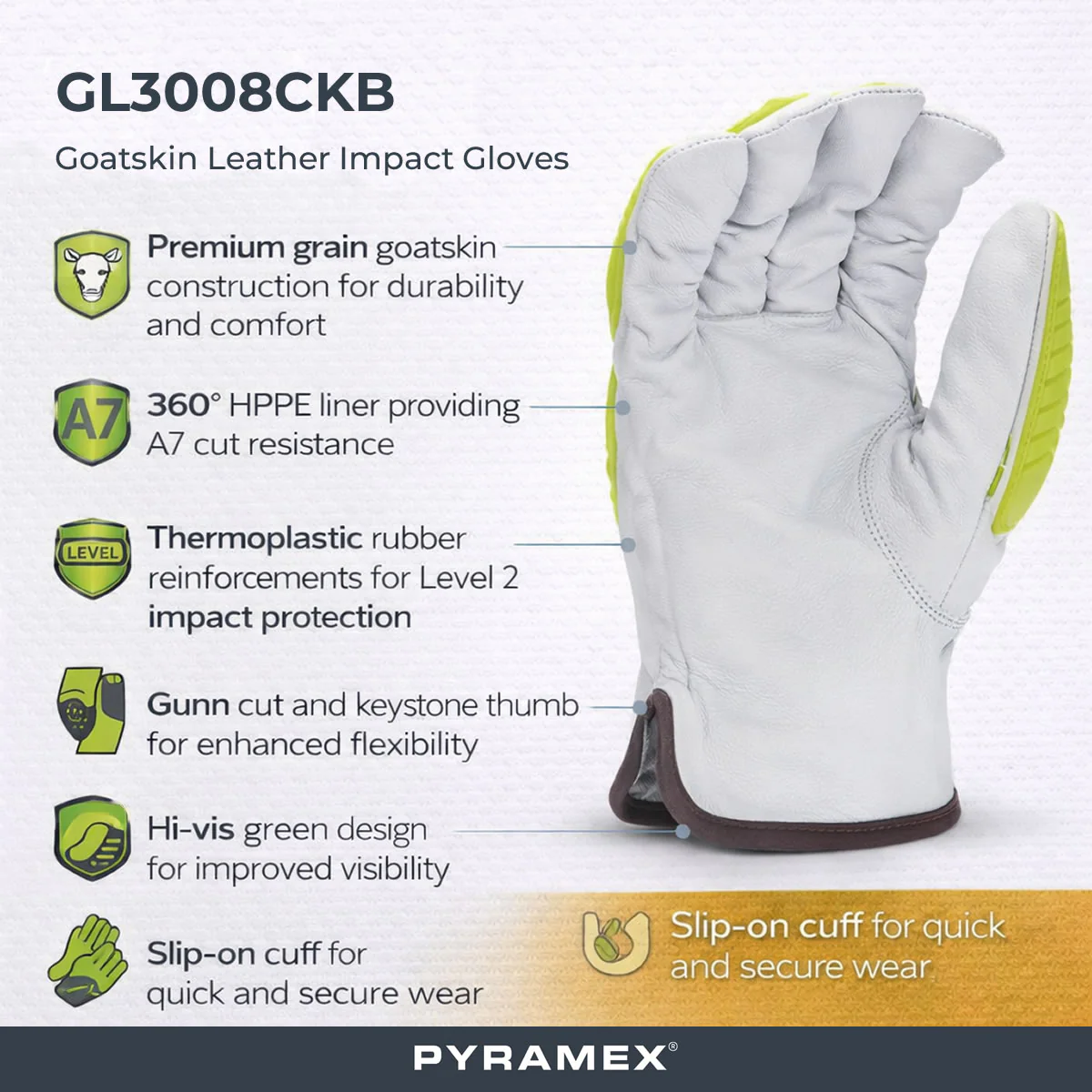 Pyramex GL3008CKB Premium Grain Goatskin Hi-Vis Leather Driver HPPE A7 Cut Level 2 Impact Gloves, Hi-Vis Green - Image 2
