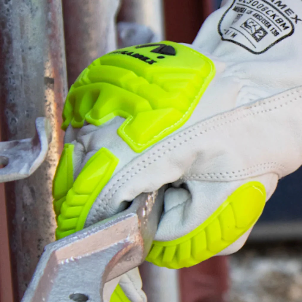 Pyramex GL3008CKB Premium Grain Goatskin Hi-Vis Leather Driver HPPE A7 Cut Level 2 Impact Gloves, Hi-Vis Green - Image 3