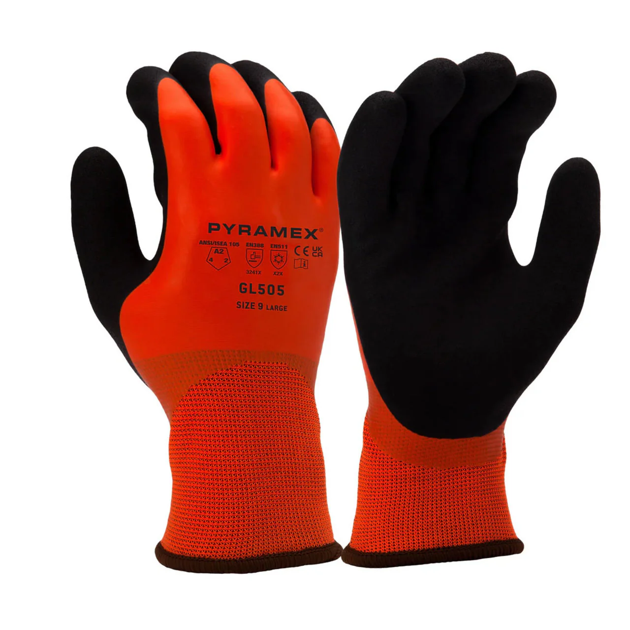 Pyramex GL505 Insulated A2 Cut Double Dipped Sandy Latex Coated Gloves, Hi-Vis Orange