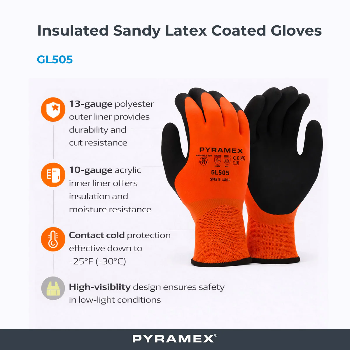 Pyramex GL505 Insulated A2 Cut Double Dipped Sandy Latex Coated Gloves, Hi-Vis Orange - Image 2