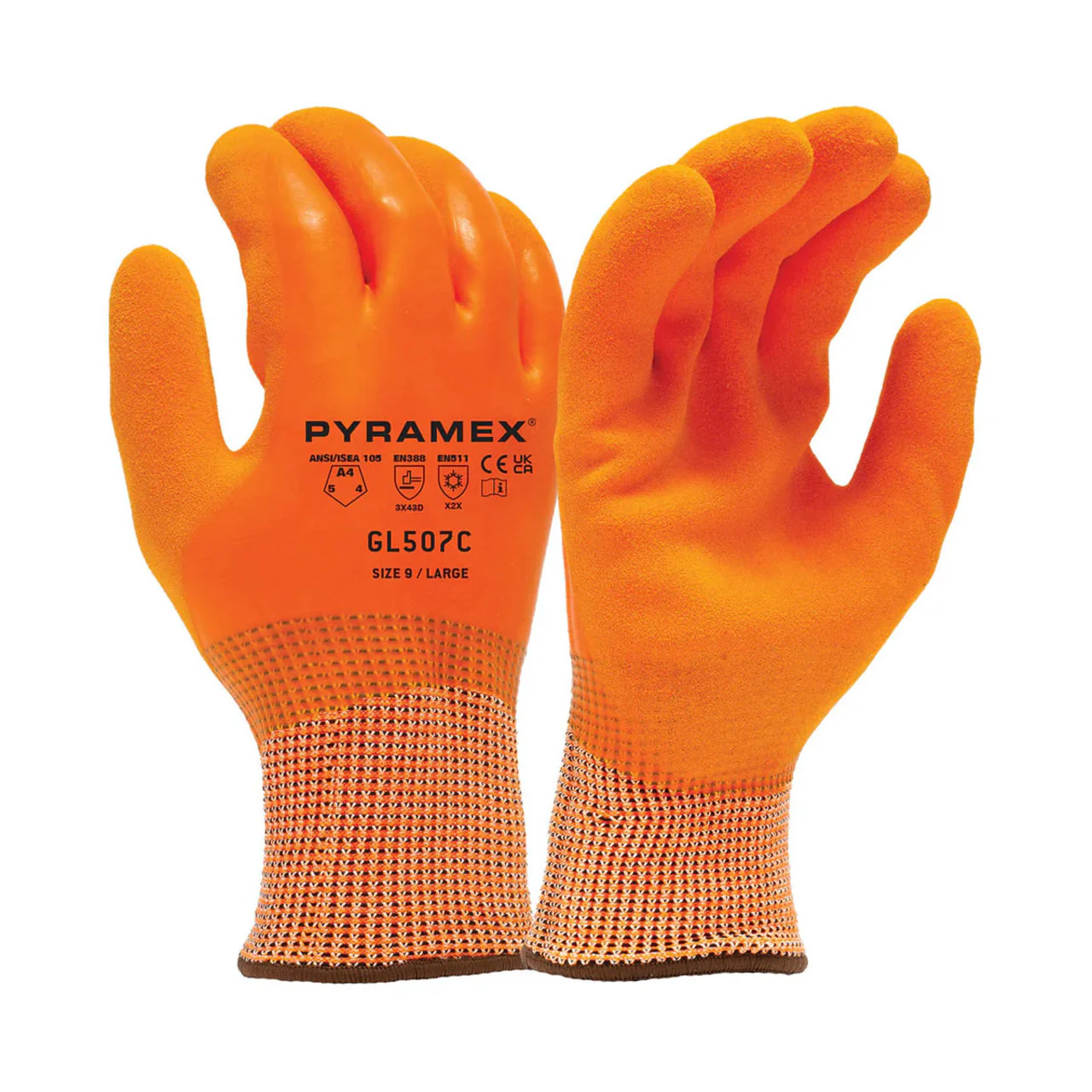 Pyramex GL507C Insulated A4 Cut Double Dipped Sandy Latex Coated Gloves, Orange