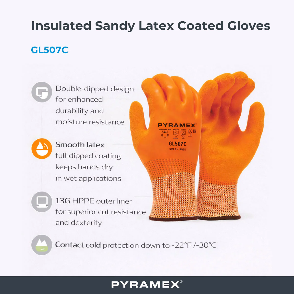 Pyramex GL507C Insulated A4 Cut Double Dipped Sandy Latex Coated Gloves, Orange - Image 2