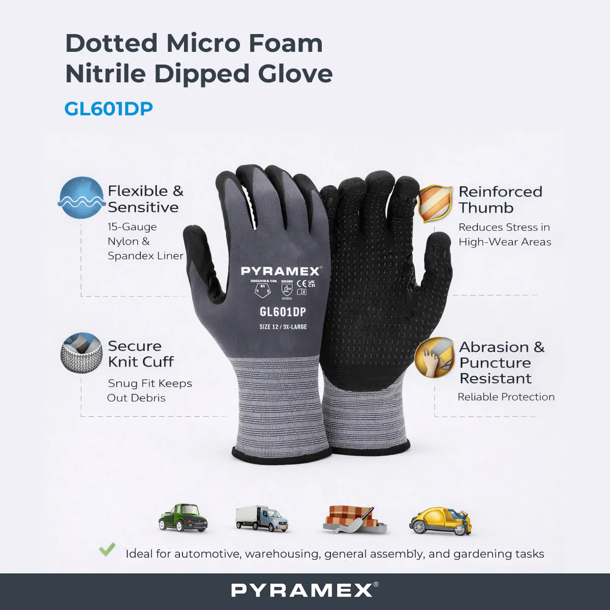 Pyramex GL601DP Dotted Micro Foam Nitrile Dipped Gloves, Gray - Image 2