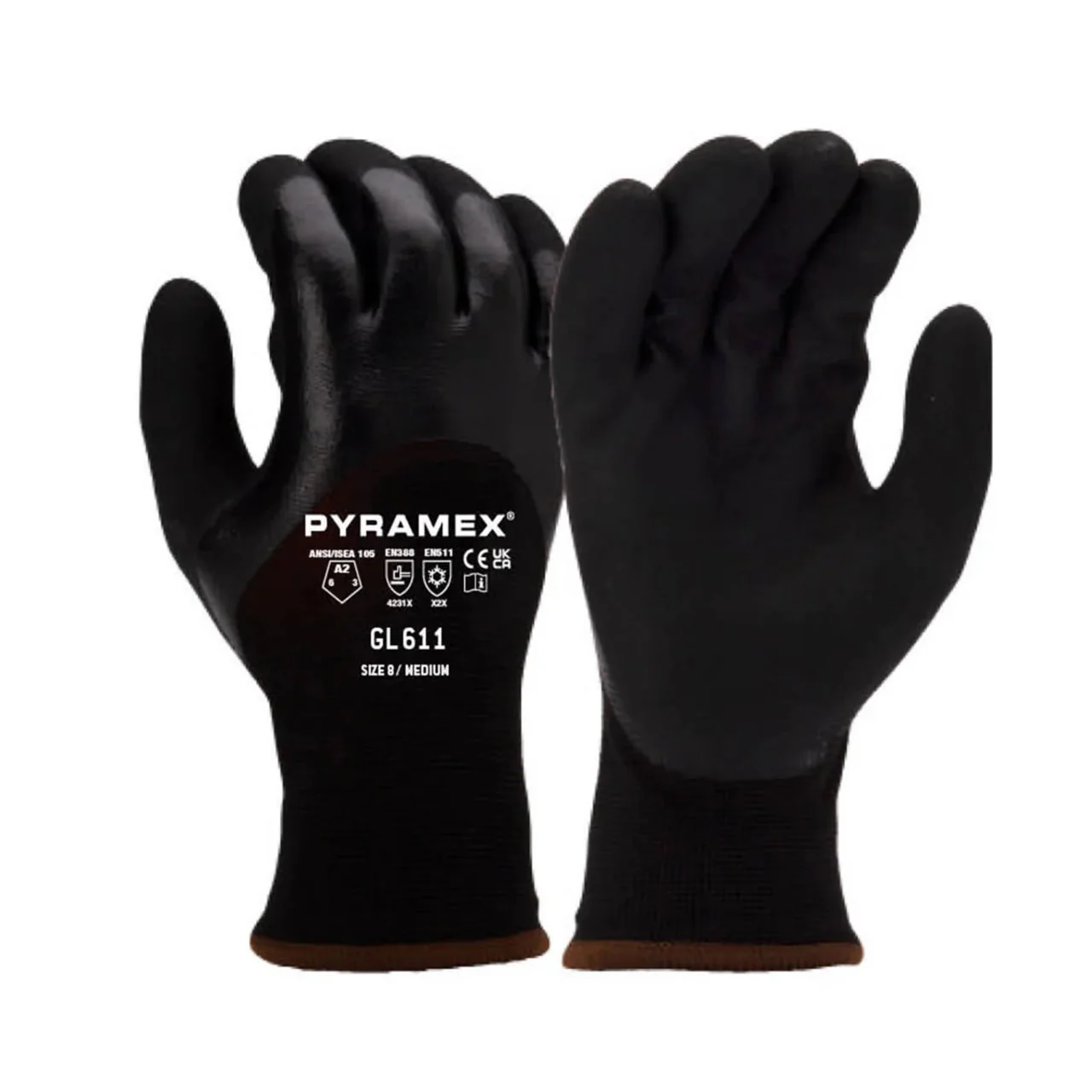 Pyramex GL611 Insulated A2 Cut Double Dipped Nitrile Coated Gloves, Black