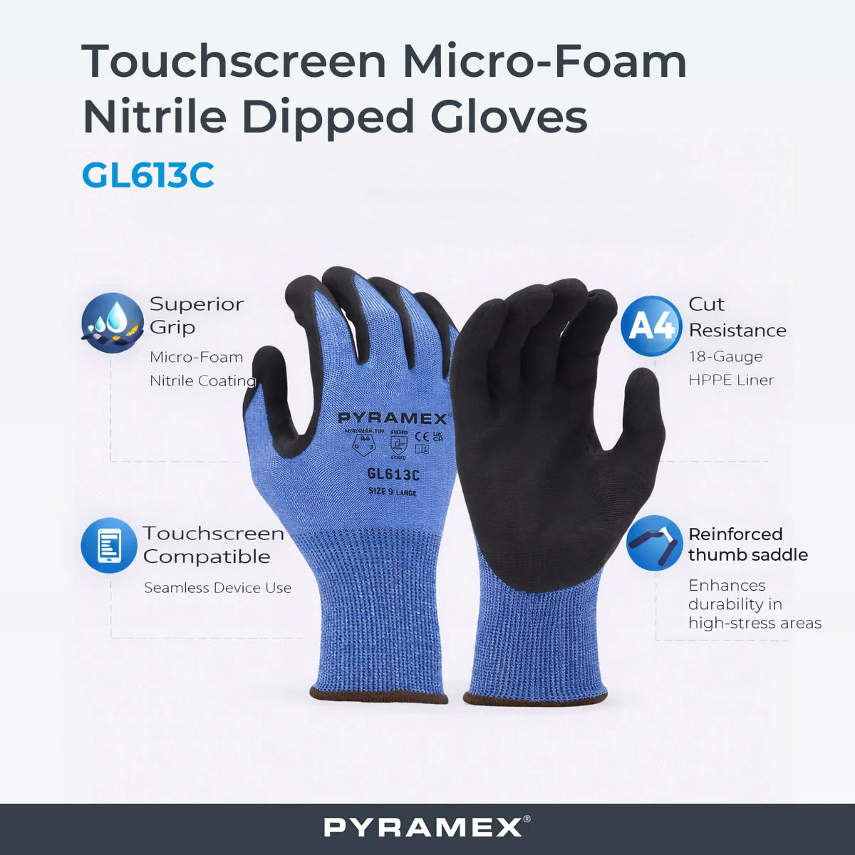 Pyramex Safety GL613C Touchscreen A4 Cut Micro-Foam Nitrile Dipped Gloves, Blue - Image 4