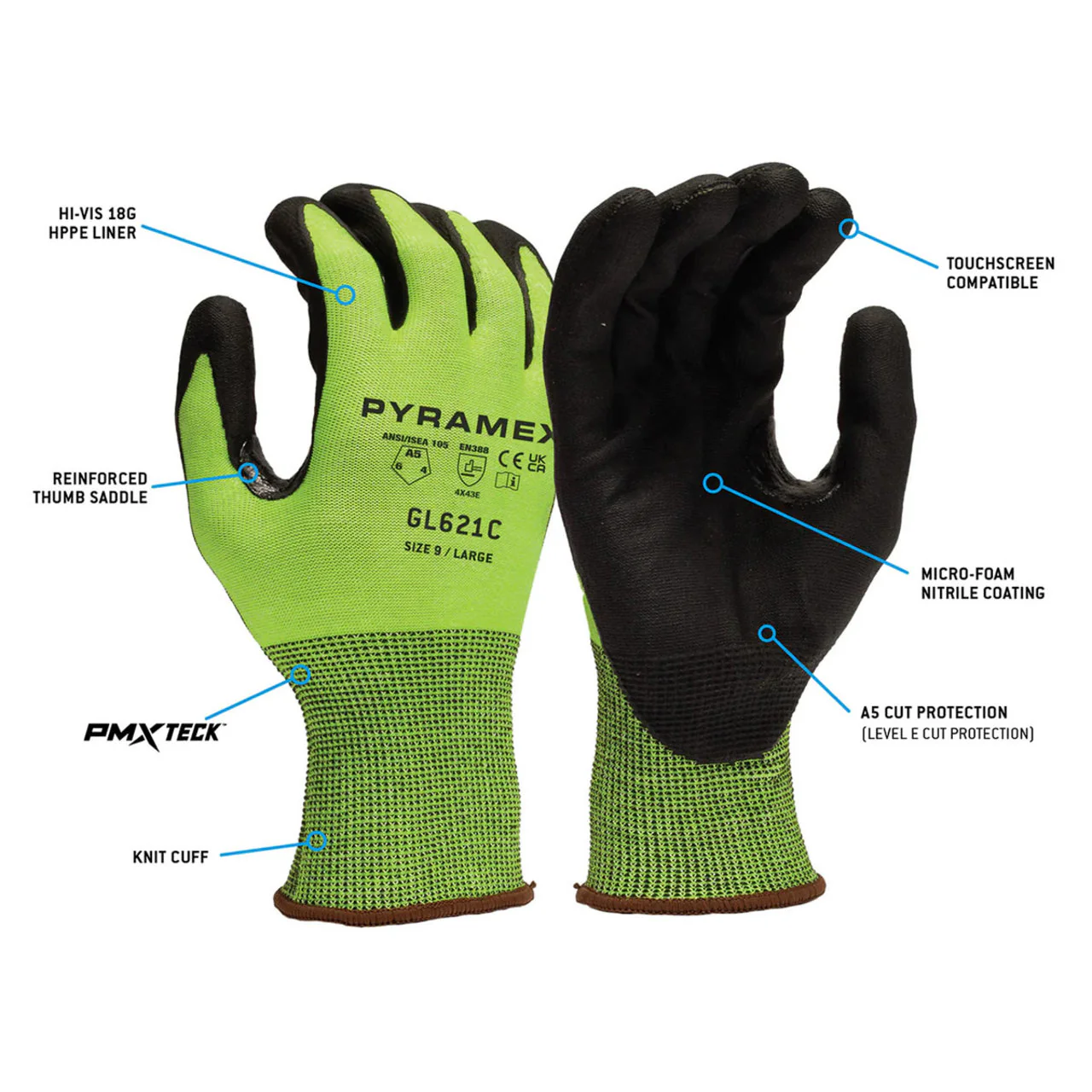 Pyramex GL621C Hi-Vis A5 Cut Micro-Foam Nitrile Dipped Gloves, Hi-Vis Lime/Black - Image 3