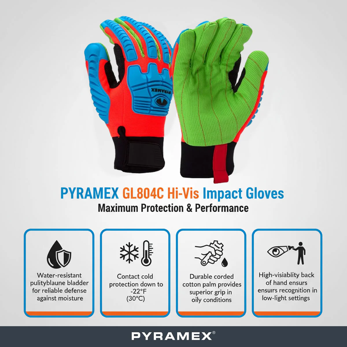 Pyramex GL804C Hi-Vis Insulated Corded Cotton A2 Cut Level 1 Impact Gloves, Blue/Green/Orange - Image 2