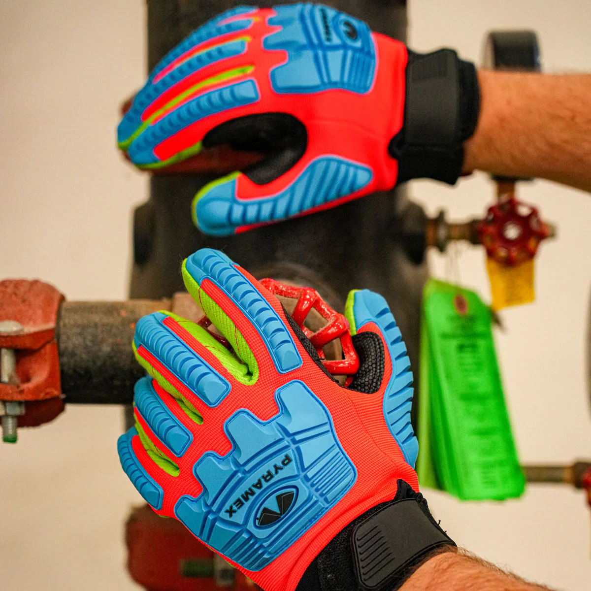 Pyramex GL804C Hi-Vis Insulated Corded Cotton A2 Cut Level 1 Impact Gloves, Blue/Green/Orange - Image 3