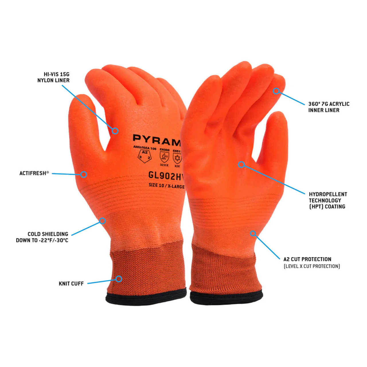 Pyramex GL902HV Hi-Vis Insulated A2 Cut HPT Dipped Gloves, Hi-Vis Orange - Image 2
