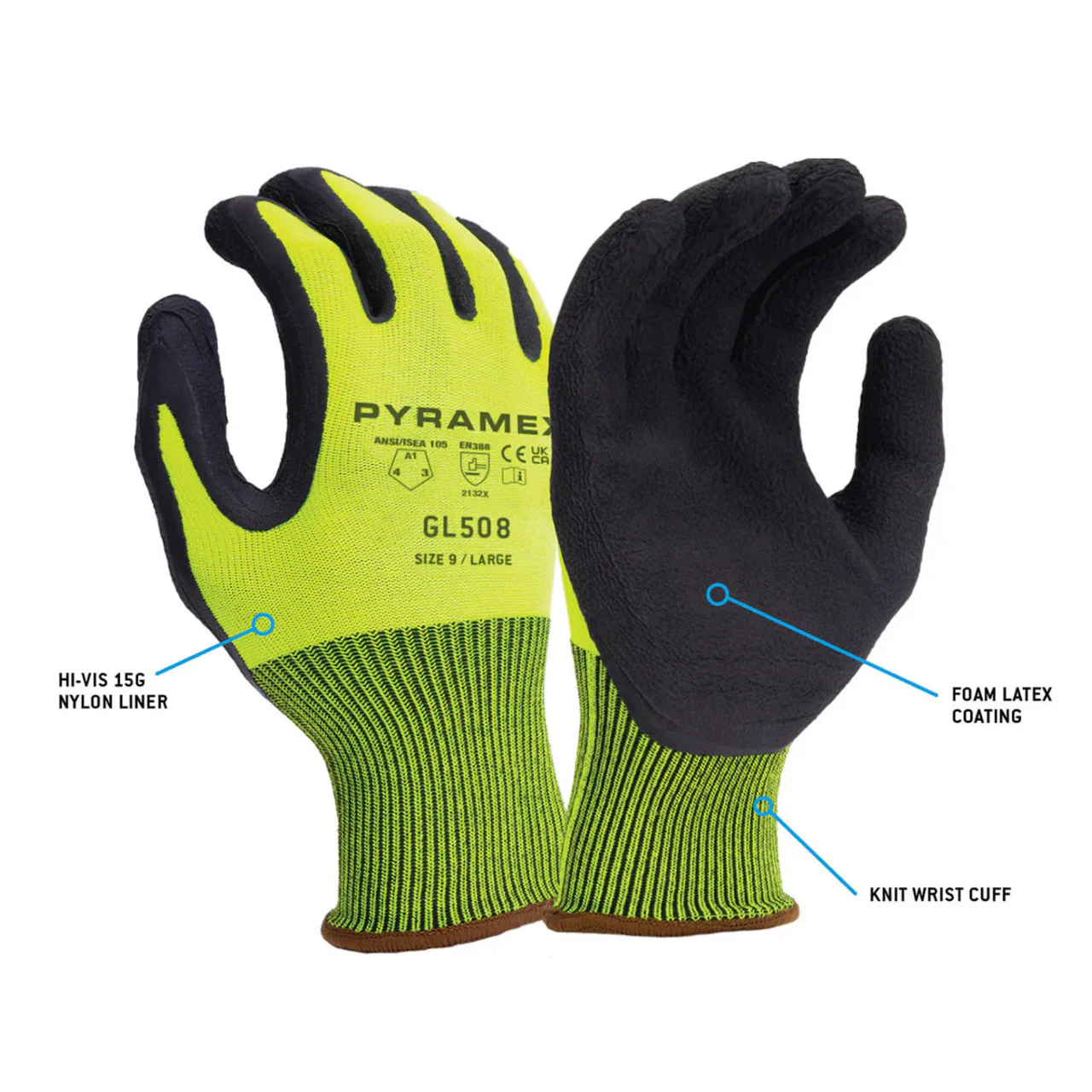 Pyramex GL508 Hi-Vis A1 Cut Foam Latex Dipped Gloves, Hiv-Vis Lime/Black - Image 2