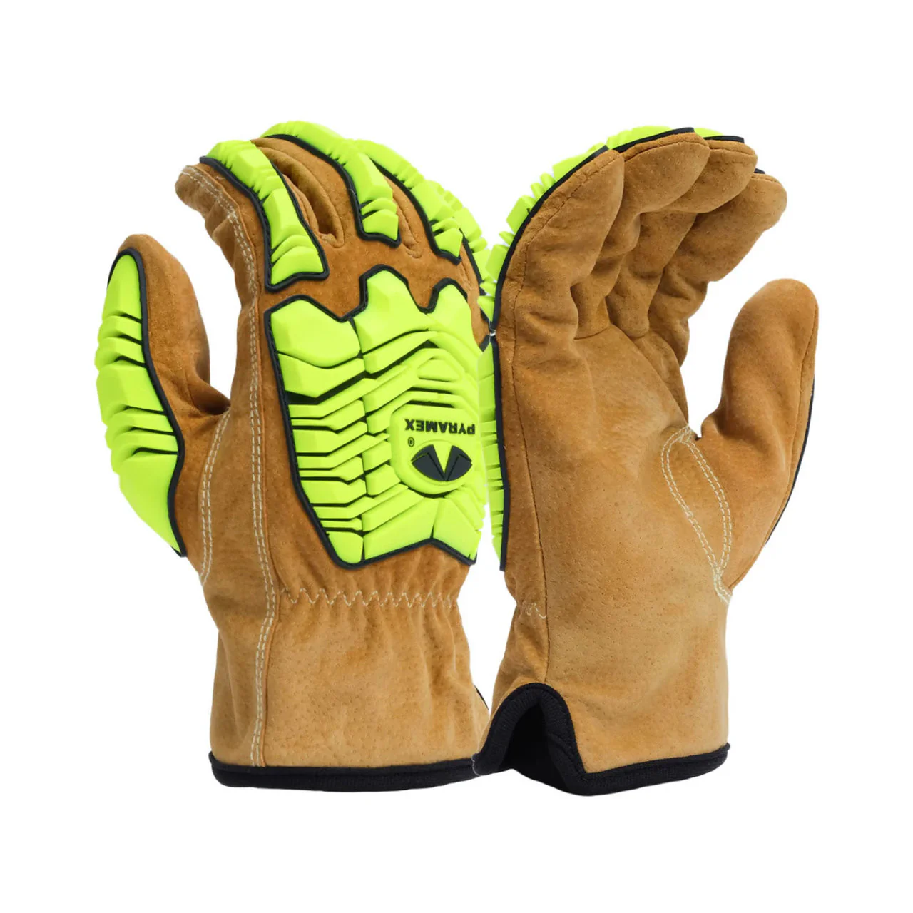 Pyramex GL4004CKB Pigskin Impact Leather Driver Gloves, Brown/Hi-Vis Lime