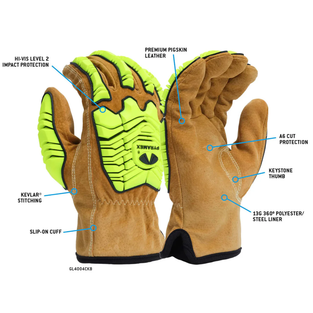 Pyramex GL4004CKB Pigskin Impact Leather Driver Gloves, Brown/Hi-Vis Lime - Image 3