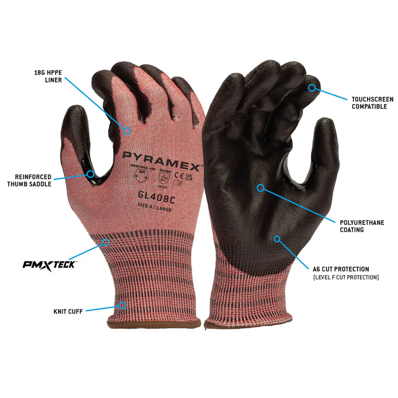 Pyramex GL408C A6 Cut Polyurethane Dipped Gloves, Red - Image 2