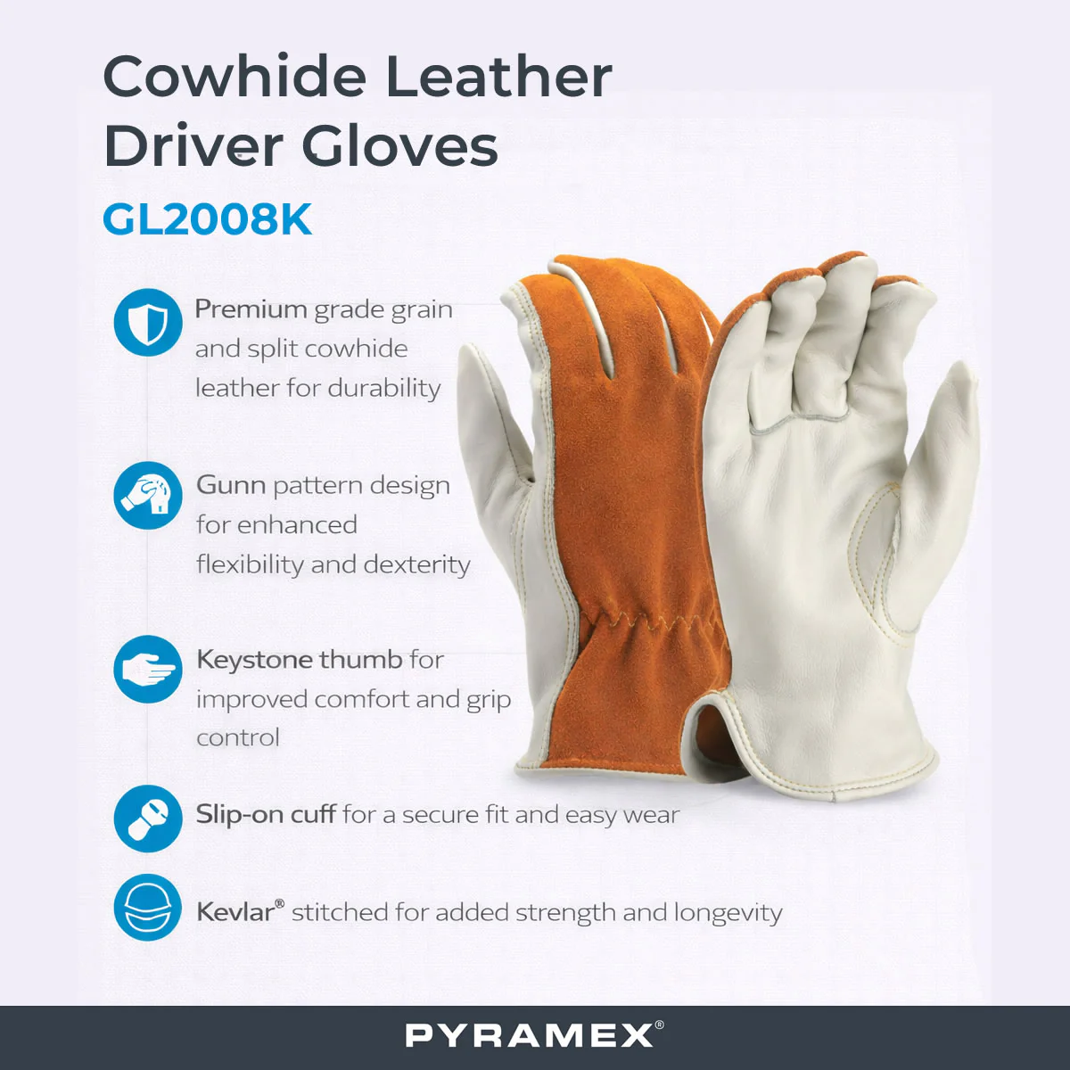 Pyramex Safety GL2008K Cowhide Leather Driver Gloves, Natural - Image 2