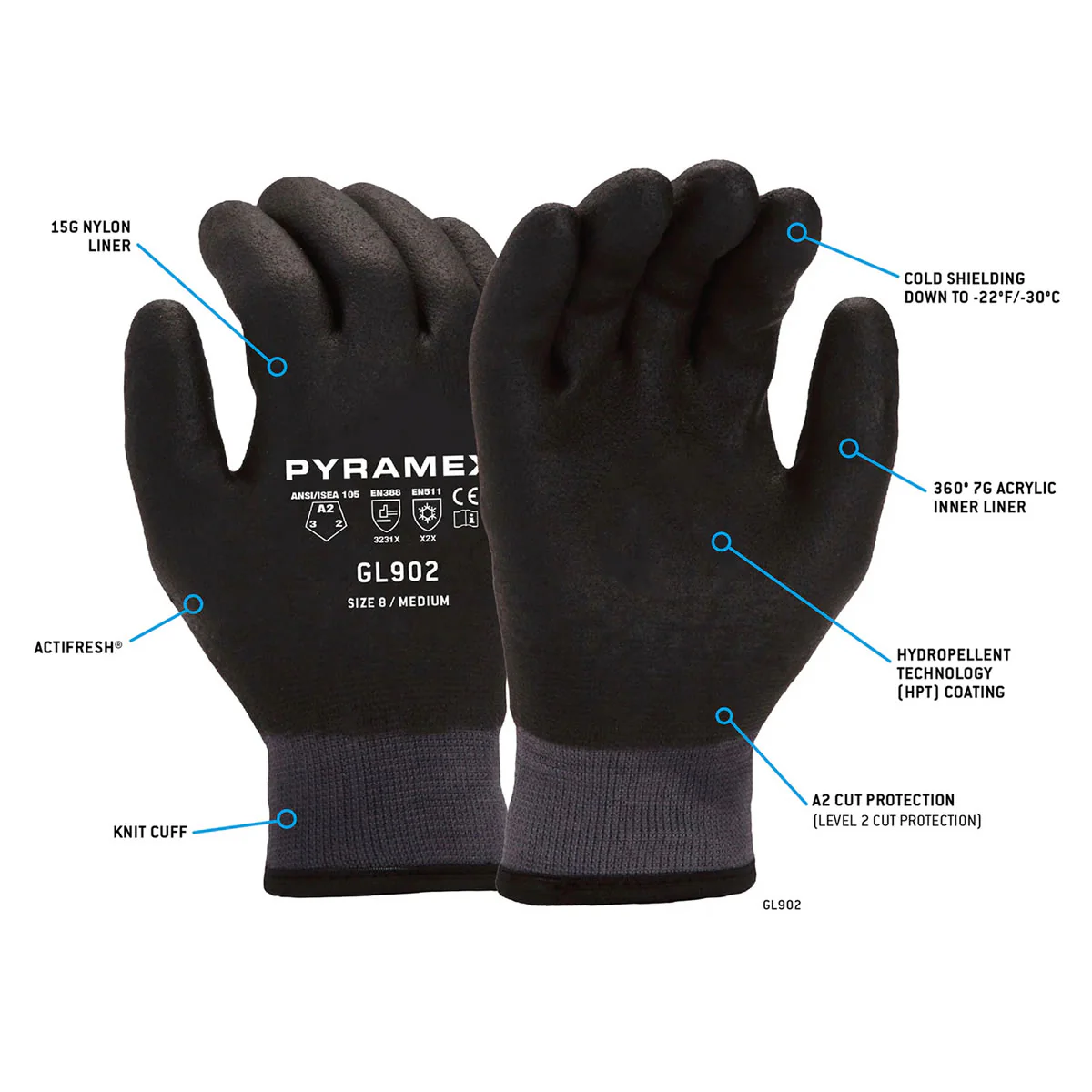 Pyramex Safety GL902 Insulated A2 Cut HPT Dipped Gloves, Black - Image 2