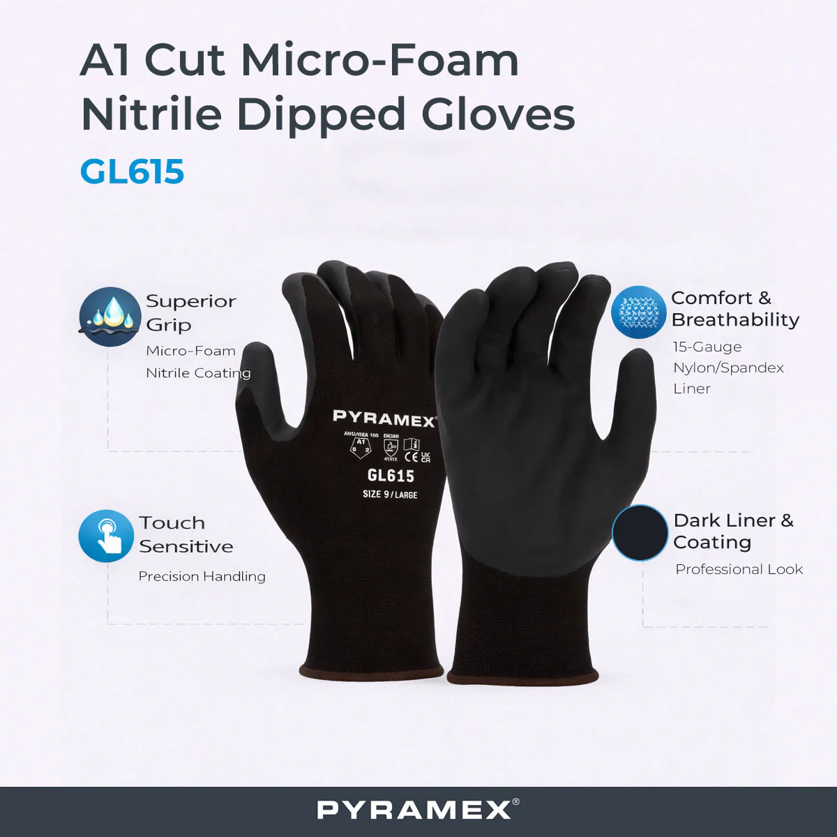 Pyramex Safety GL615 A1 Cut Micro-Foam Nitrile Dipped Gloves, Black - Image 2