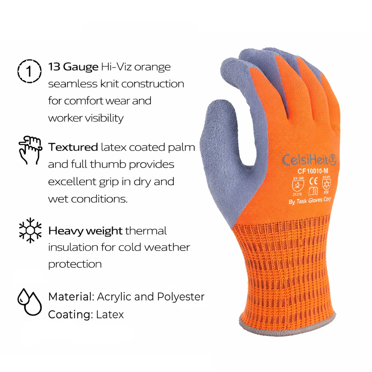 TASK CelsiHeit Hi-Vis ANSI A2 Cold Weather Latex Coated Gloves, Orange, CF10010 - Image 2