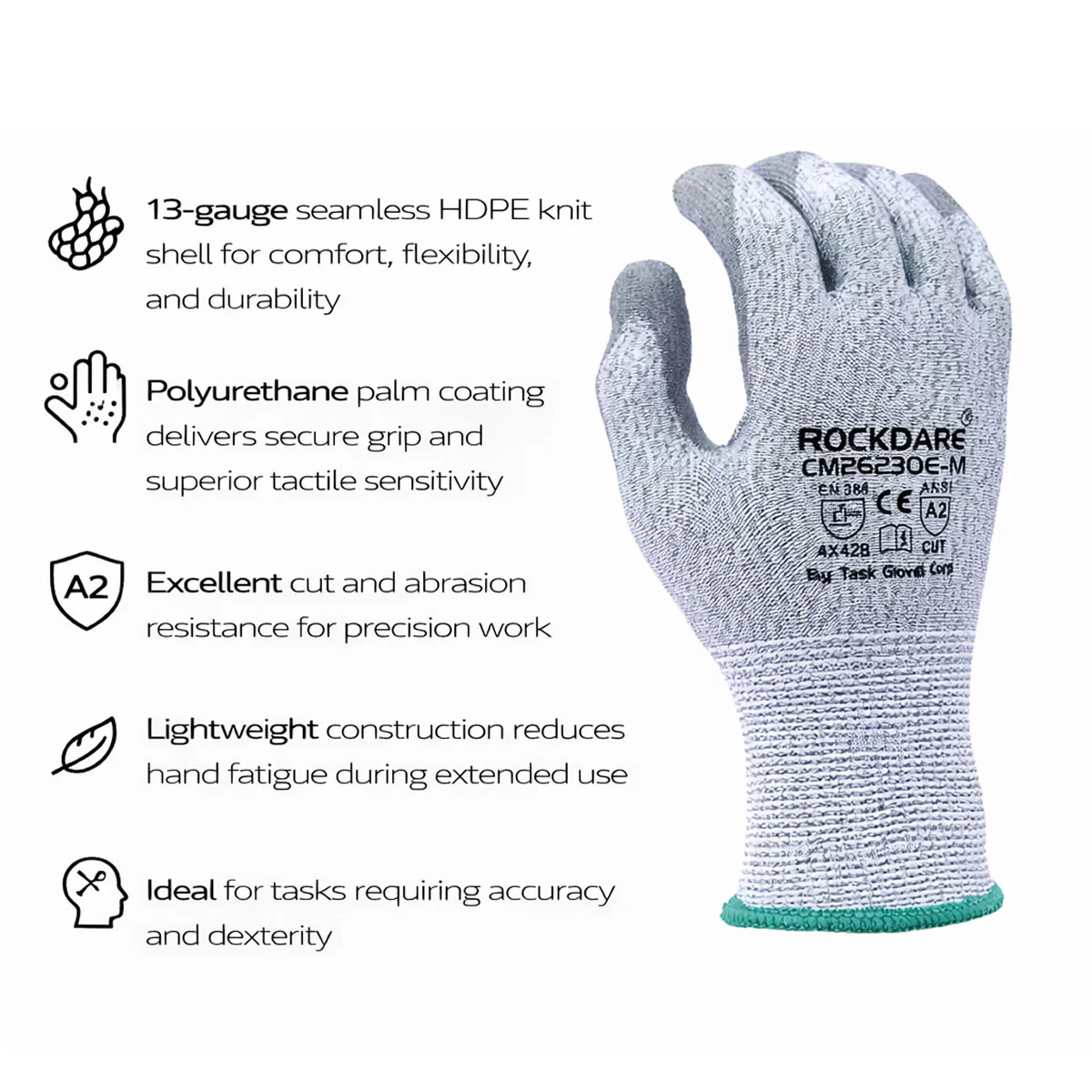 TASK CUTMAN 13G ANSI A2 Cut Resistant Polyurethane Coated Gloves, Gray, CM26230E - Image 2