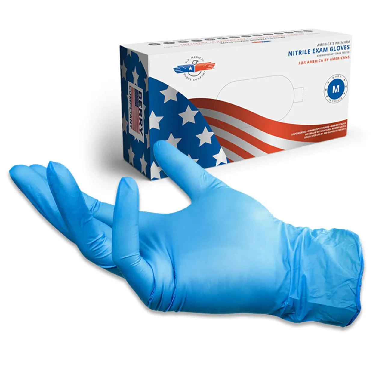 Disposable Nitrile Exam Gloves, 4 mil, Made in USA, Blue, Box of 100